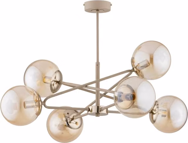 Plafoniera moderna Alfa SAGITO in metallo beige e oro con sfere in vetro ambra, 6 x E27