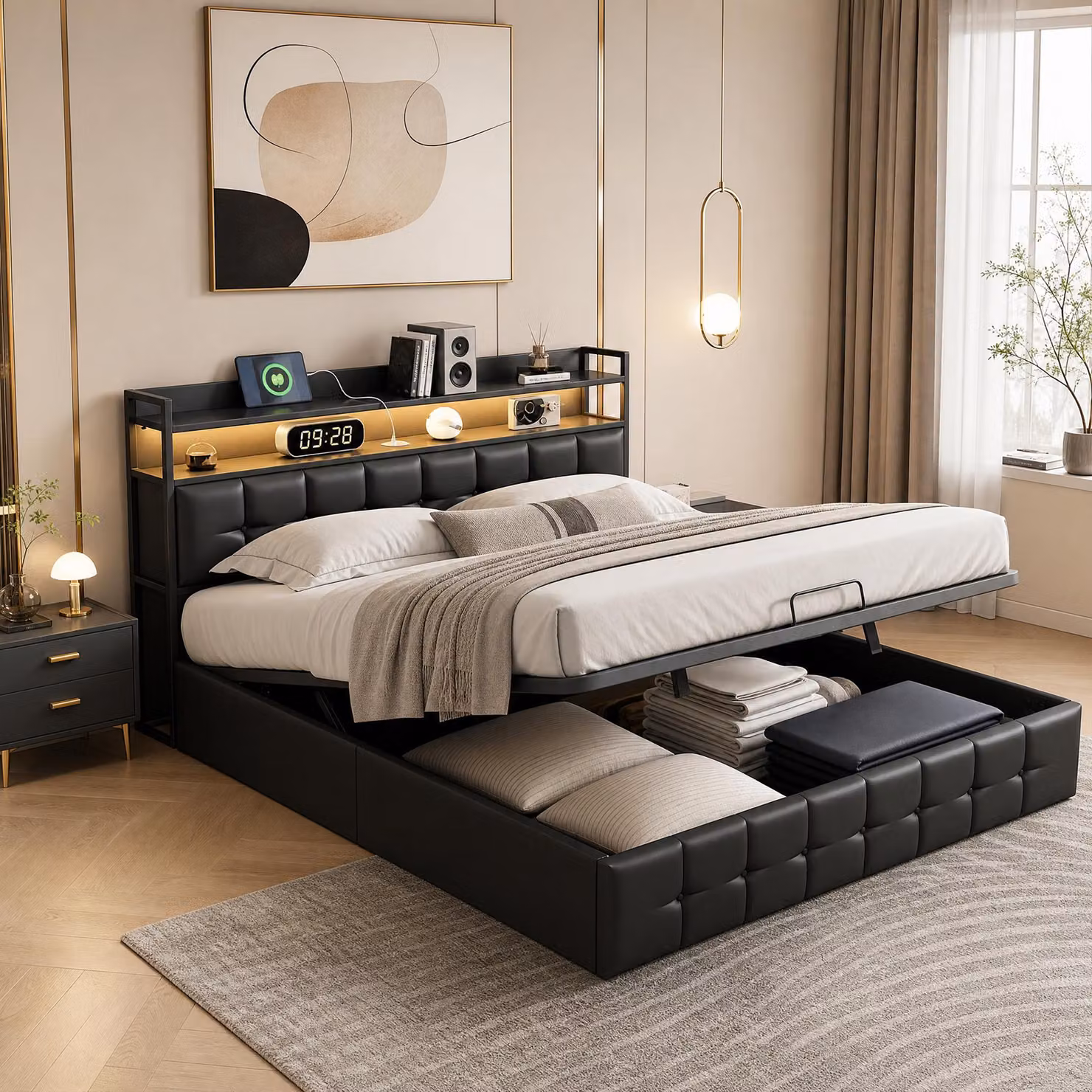 Letto imbottito INONEFT, 160x200 cm, letto per ragazzi con LED/USB, letto matrimoniale con testiera, letto box con sistema idraulico, letto contenitore con rete a doghe, rivestito in PU, colore nero