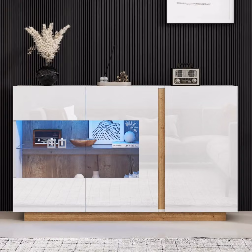 Credenza Vovees Living bianca lucida con 3 ante in vetro temperato e illuminazione LED RGB con controllo Bluetooth, L: 138 cm – 2