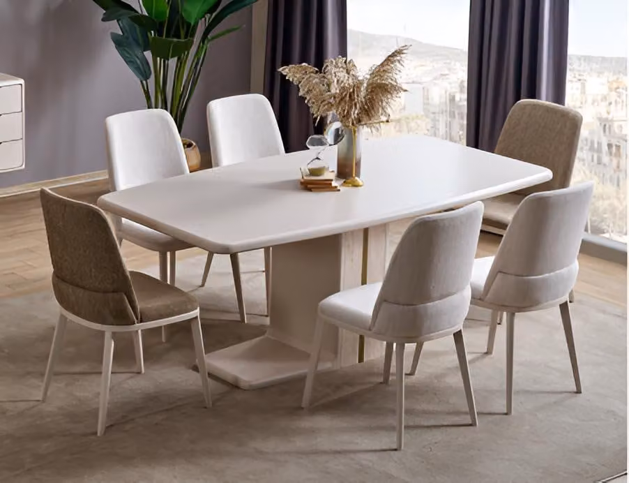Set per sala da pranzo: tavolo e 6 sedie, design moderno. Set di mobili di design