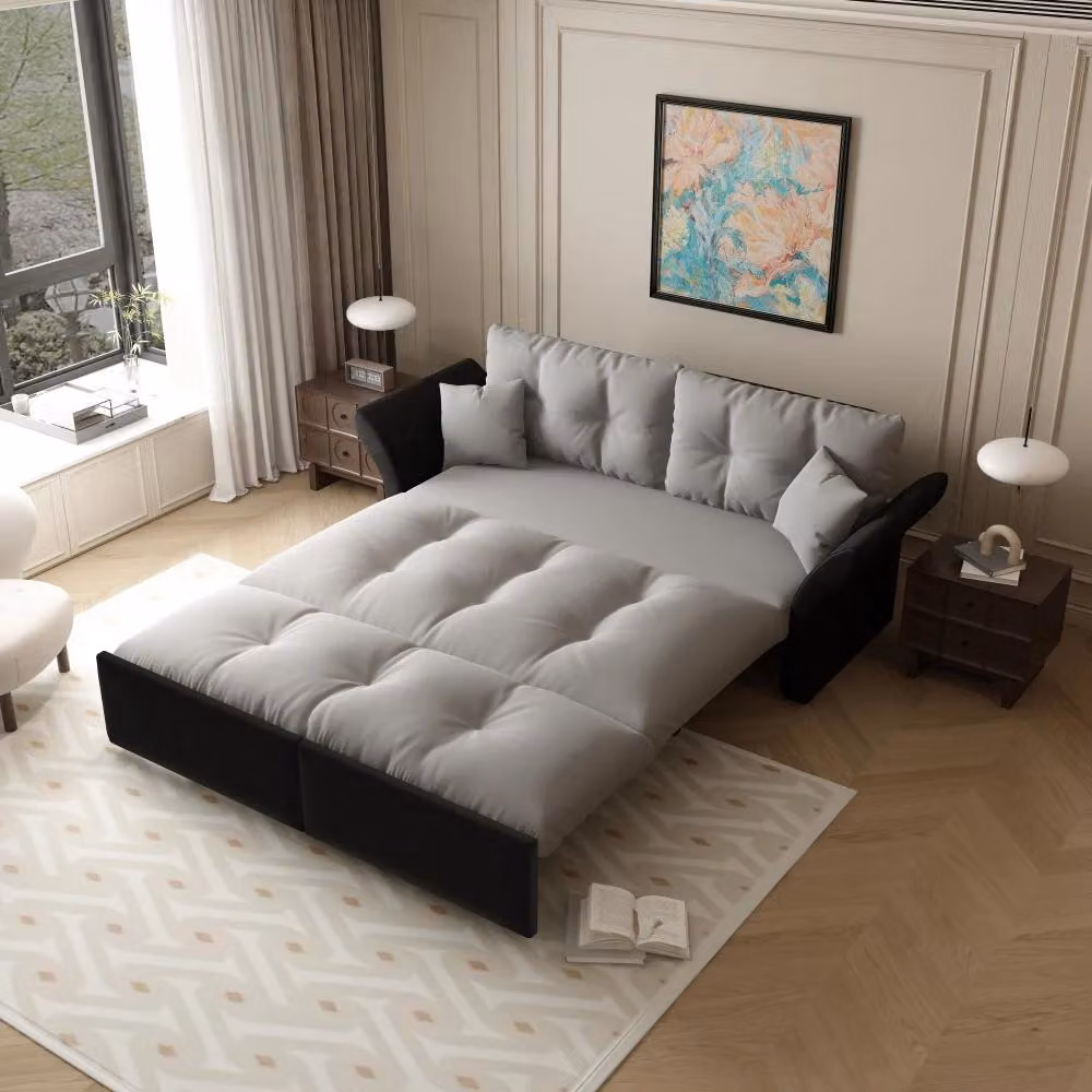 Divano letto 190 cm - Letto matrimoniale - 3 in 1 - Estendibile - Tessuto - Design trapuntato - Grigio chiaro