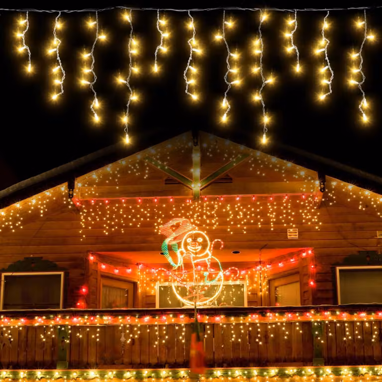 Catena luminosa a LED a forma di ghiacciolo, 15 metri, 600 LED, luce bianco caldo, grado di protezione IP44, con timer