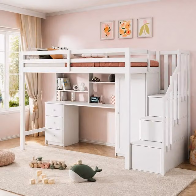 Letto a castello 90x200 cm con scrivania e armadio in legno e MDF bianco