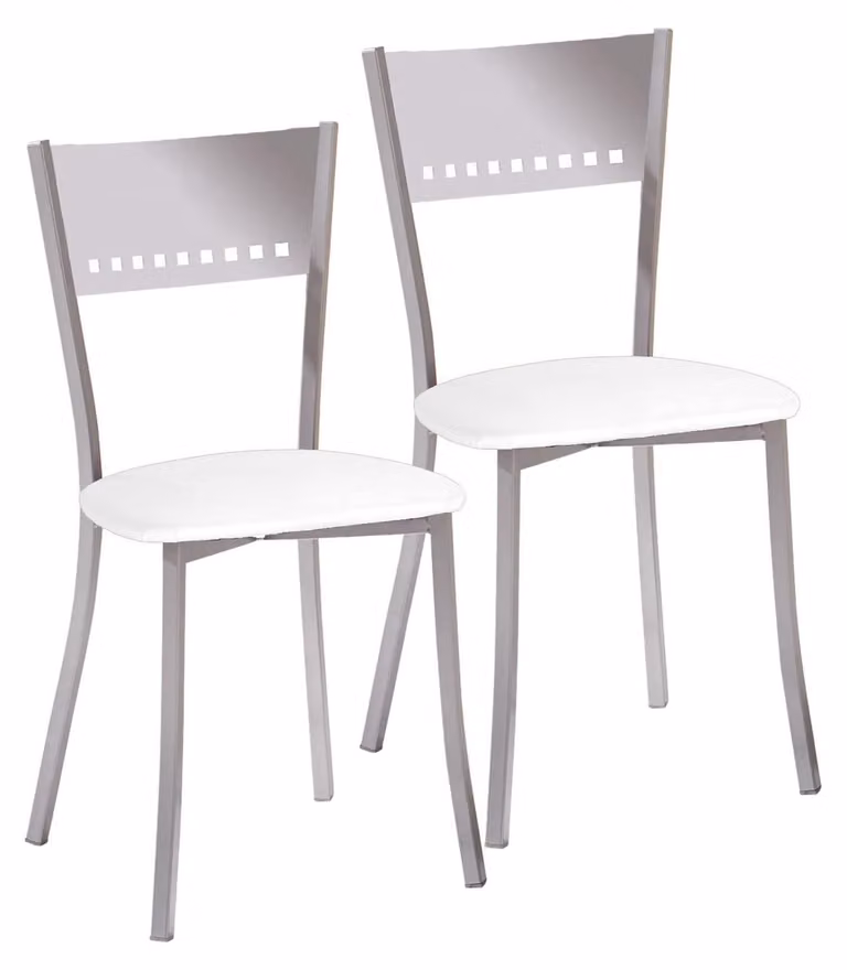 2 sedie da pranzo, rivestite in ecopelle, struttura in metallo, forma trapezoidale, colore bianco