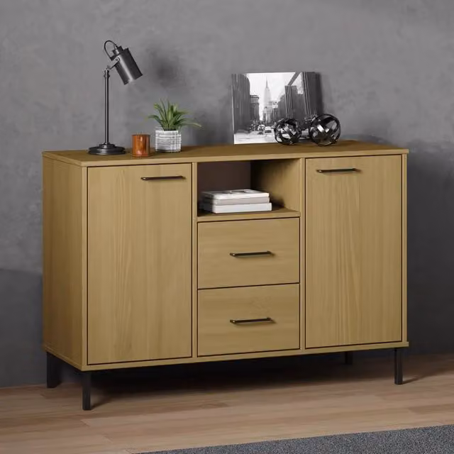 Credenza in legno massello di pino e metallo stile industrial vidaXL, colore marrone, L: 113 cm, P: 40 cm, H: 77 cm – 1