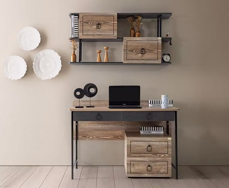 Schreibtisch Holz Schubladen Metallakzente Schwarz Modernes Arbeiten Büro Möbel