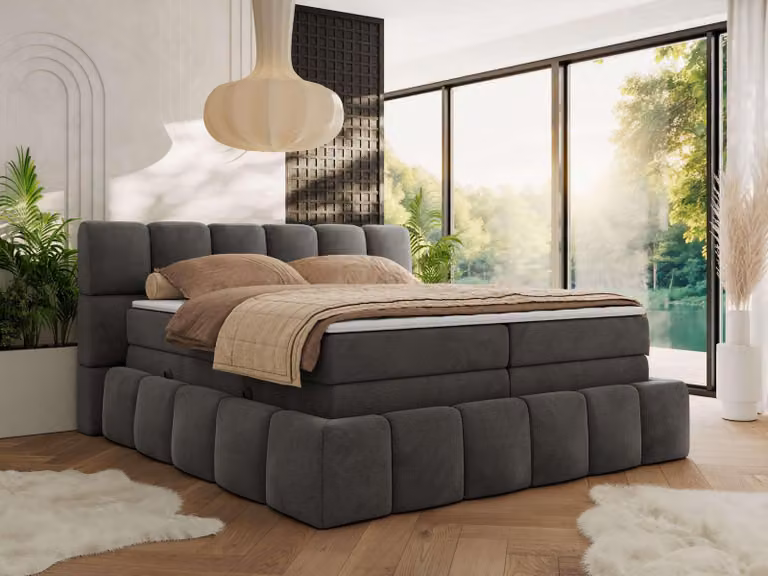 MKS MEBLE letto a molle 160 x 200 con contenitore NIRA KING, letto imbottito a 7 zone con materasso e topper, letto matrimoniale - Velluto grigio scuro - H4