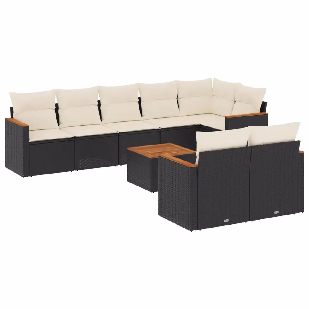 vidaXL Set Divani da Giardino 9 pz a Forma a U in Polyrattan Nero con Cuscini e Tavolino da Caffè – 2