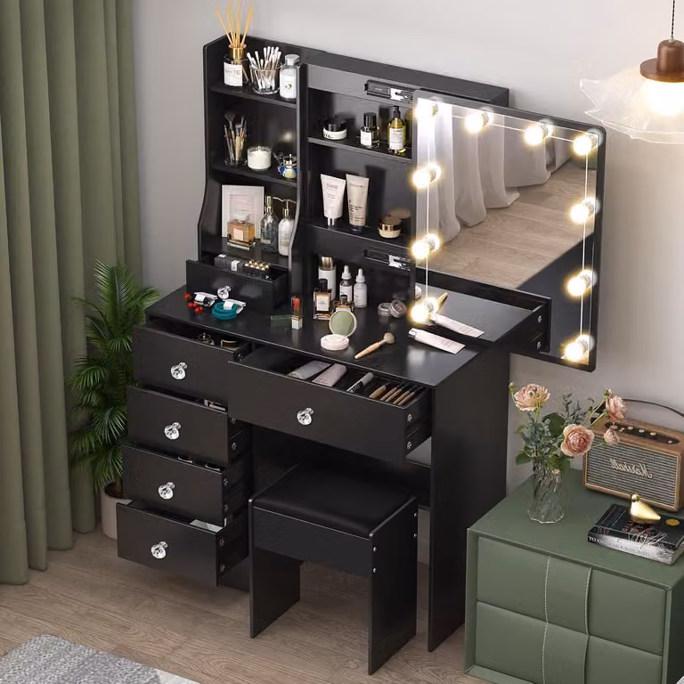 Comò da trucco con illuminazione, specchio scorrevole, 6 cassetti, 6 ripiani, sgabello, colore nero, dimensioni 36x80x131 cm