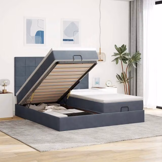 Letto con contenitore a sollevamento vidaXL in velluto con materasso L: 160 cm, P: 200 cm, H: 203 cm, disponibile in grigio e bianco