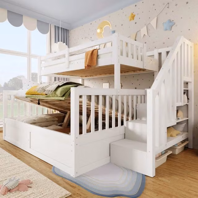 Letto a castello MINIMAL bianco con contenitore e scala per bambini in legno e MDF, senza materasso