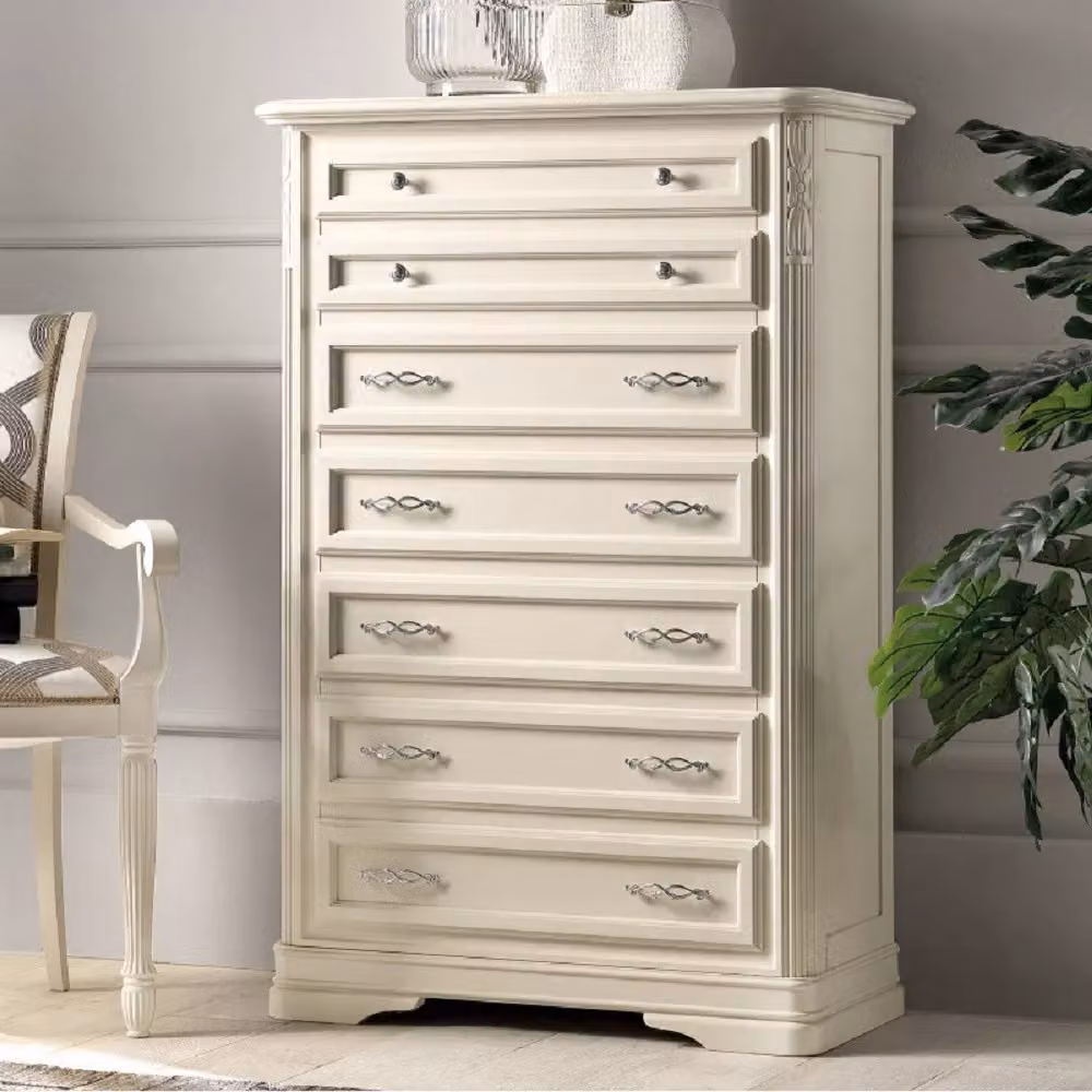 Settimanale classico Mobili 2G con 7 cassetti in legno massello di pioppo colore avorio L: 85 cm, P: 42 cm, H: 128 cm – 3