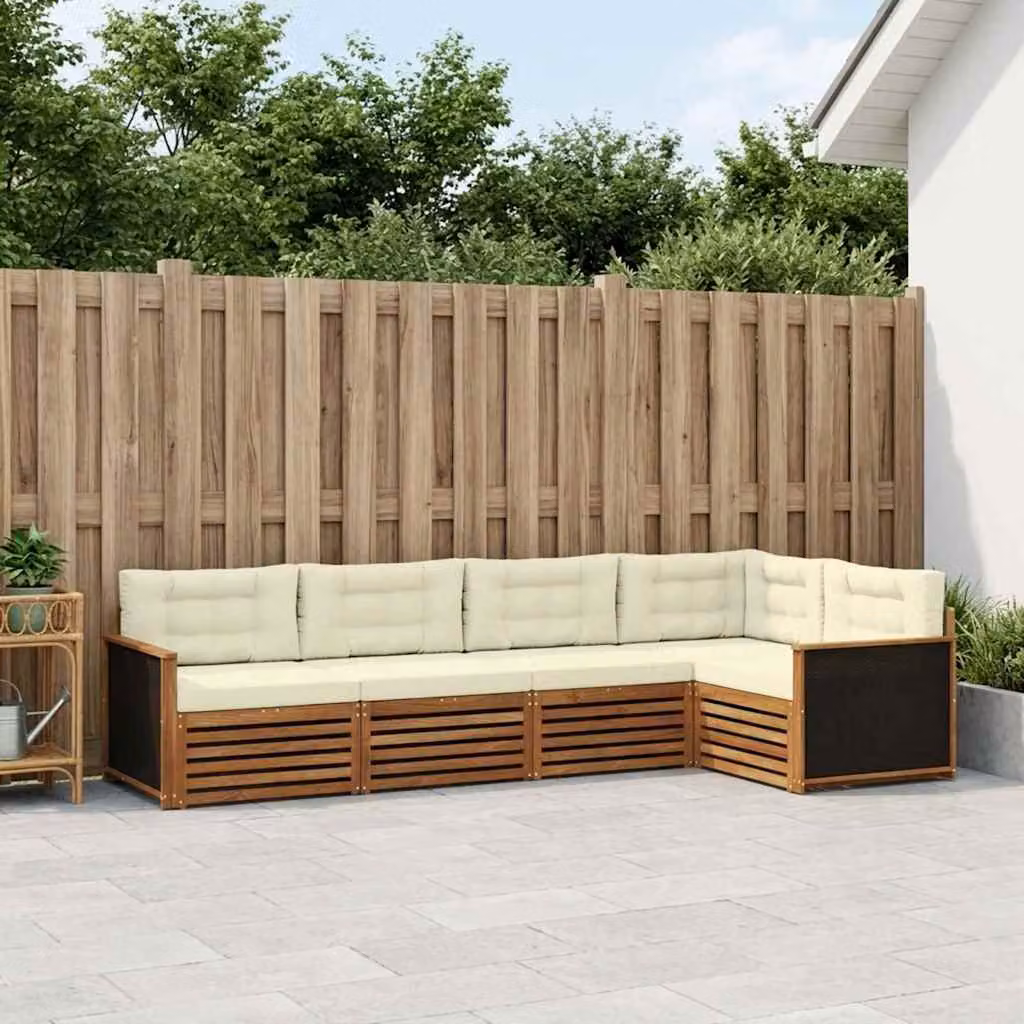 Set di divani da esterno vidaXL 5 pezzi a forma di L in legno di acacia con cuscini beige e bianco
