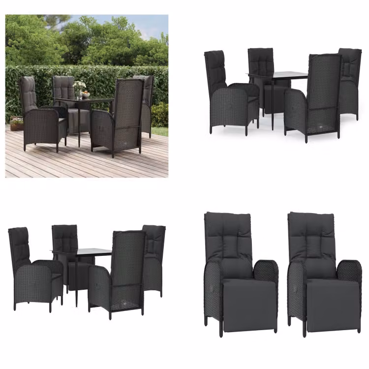 vidaXL Set da pranzo da giardino 5 pezzi con cuscini in poly rattan nero - Set da pranzo da giardino - Set da pranzo da giardino - Set da pranzo da terrazza