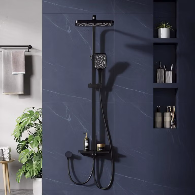 Set per doccia - Sistema doccia senza miscelatore - Barra doccia in acciaio inossidabile regolabile - Doccia a soffitto rettangolare 30,5x20,5 cm - Doccetta manuale con 3 getti - Ugello a cascata - Colore nero