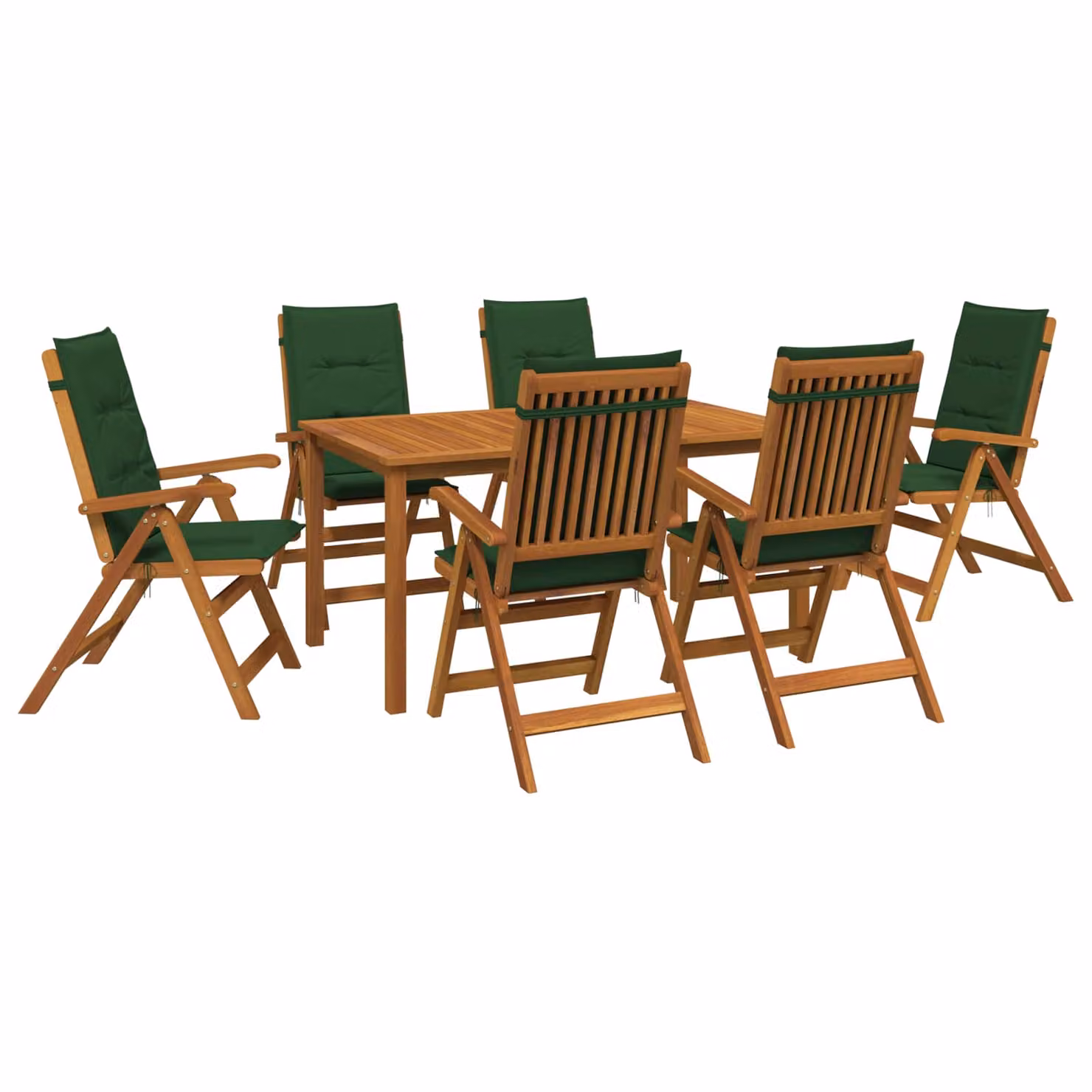 Set da pranzo da giardino vidaXL in legno di acacia naturale con 7 pezzi per 6 persone e cuscini verdi e marroni