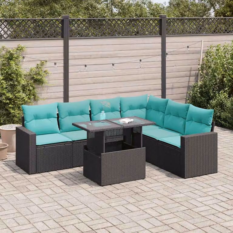 Set di divani da giardino vidaXL in 7 pezzi con cuscini, design a L in polyrattan nero e legno di acacia con tavolino da esterno