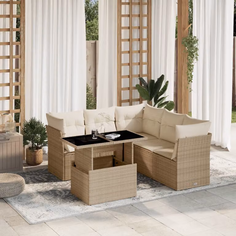 Set Divano da Giardino vidaXL 6 pz a Forma a L con Cuscini Beige e Tavolino in Vetro