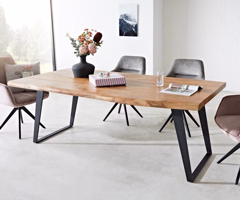 Tavolo da pranzo DELIFE Edge, dimensioni 200x100 cm, XL, in legno di acacia naturale con struttura in metallo, design inclinato e bordo vivo