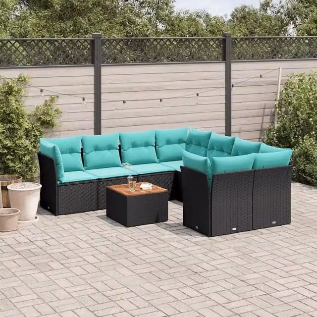 Set Divani da Giardino 9 pz con Cuscini Nero in Polyrattan 3255861