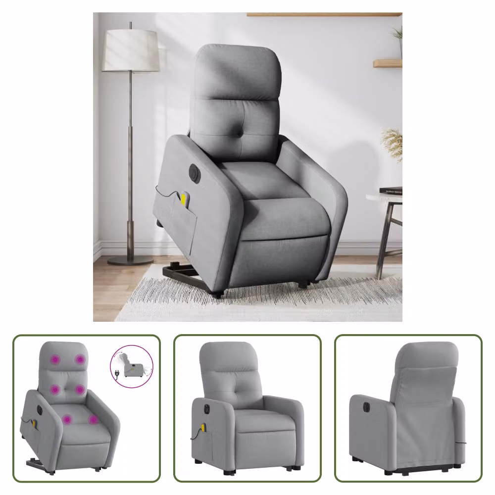 The Living Store Poltrona massaggiante elettrica con ausilio per la posizione eretta Tessuto grigio chiaro