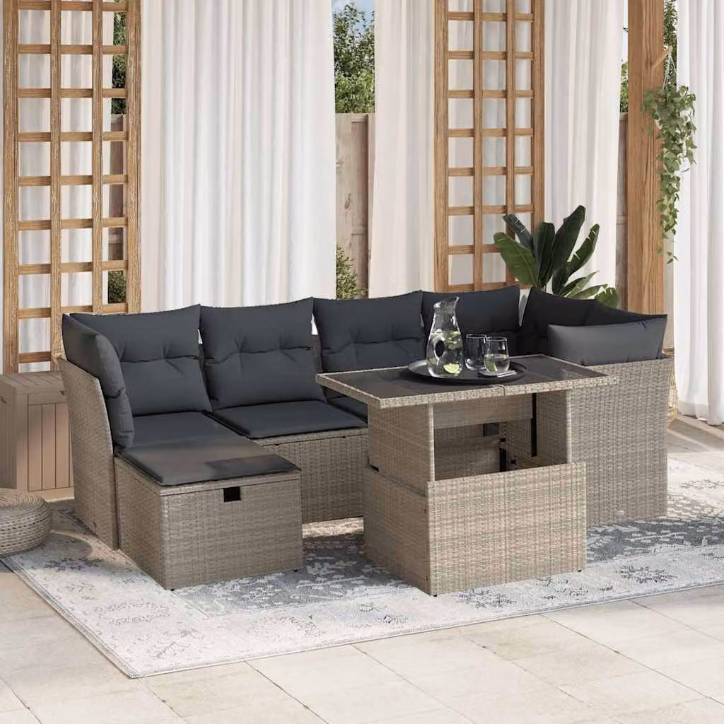 vidaXL Set Divani da Giardino 7pz a Forma di L con Cuscini Grigio con Tavolino e Pouf in Polyrattan e Metallo – 1