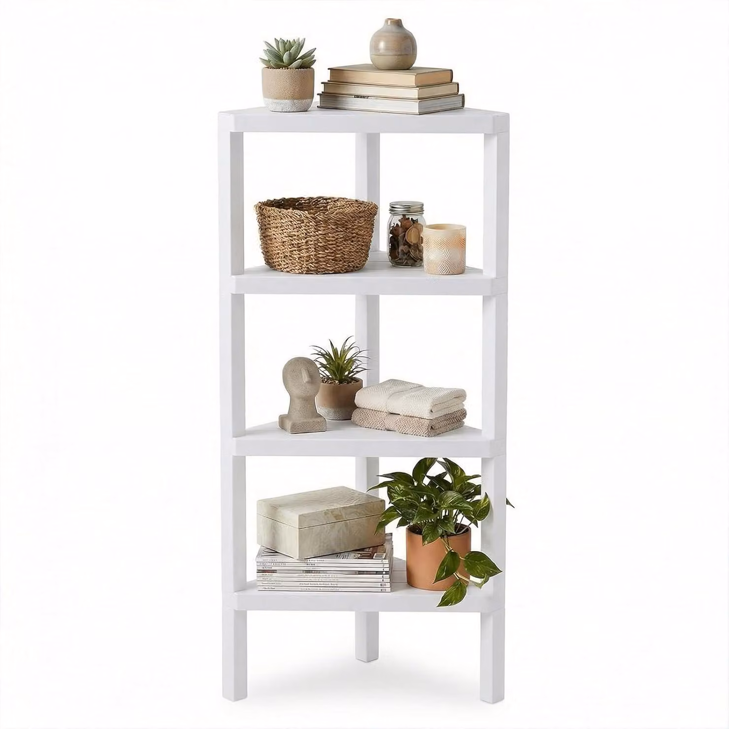 KOMFOTTEU Scaffale angolare a 4 ripiani, portata 32 kg, mobile angolare, plastica con ripiani, ideale per bagno, cucina, soggiorno, camera da letto, ufficio, 46 x 33 x 99 cm (bianco)