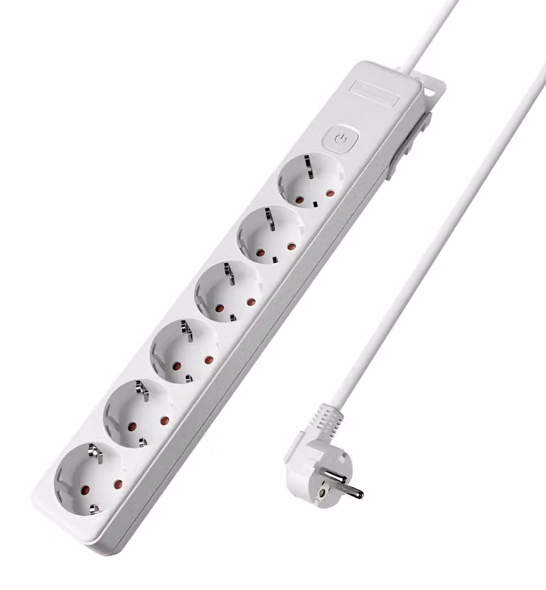 Prese multiple Braytron a 6 vie con cavo da 1,5 m e interruttore on/off illuminato, 3680 W, sicurezza bambini, ciabatta con sistema a clip