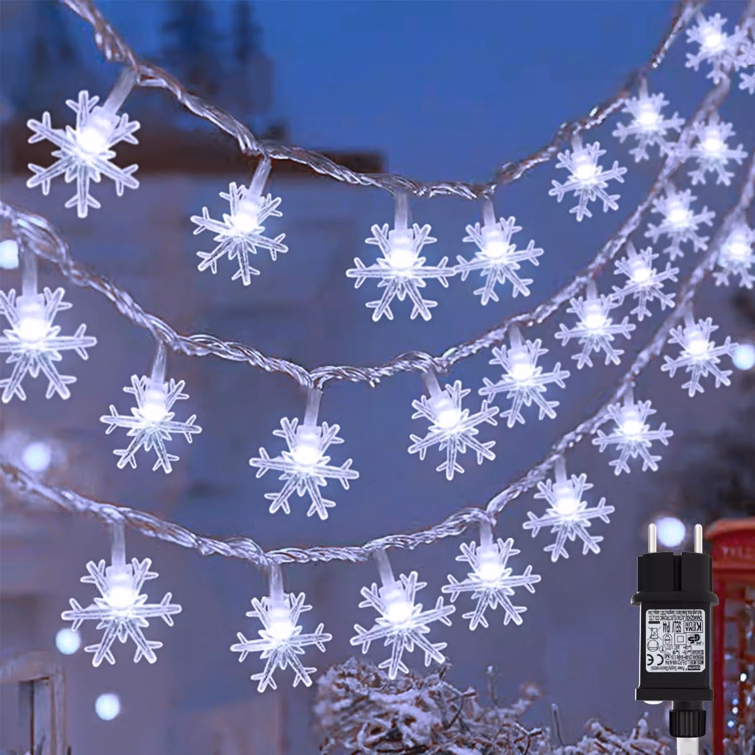 Catena luminosa a forma di fiocchi di neve, 15 metri, 100 LED, luce bianca fredda, grado di protezione IP44, con timer