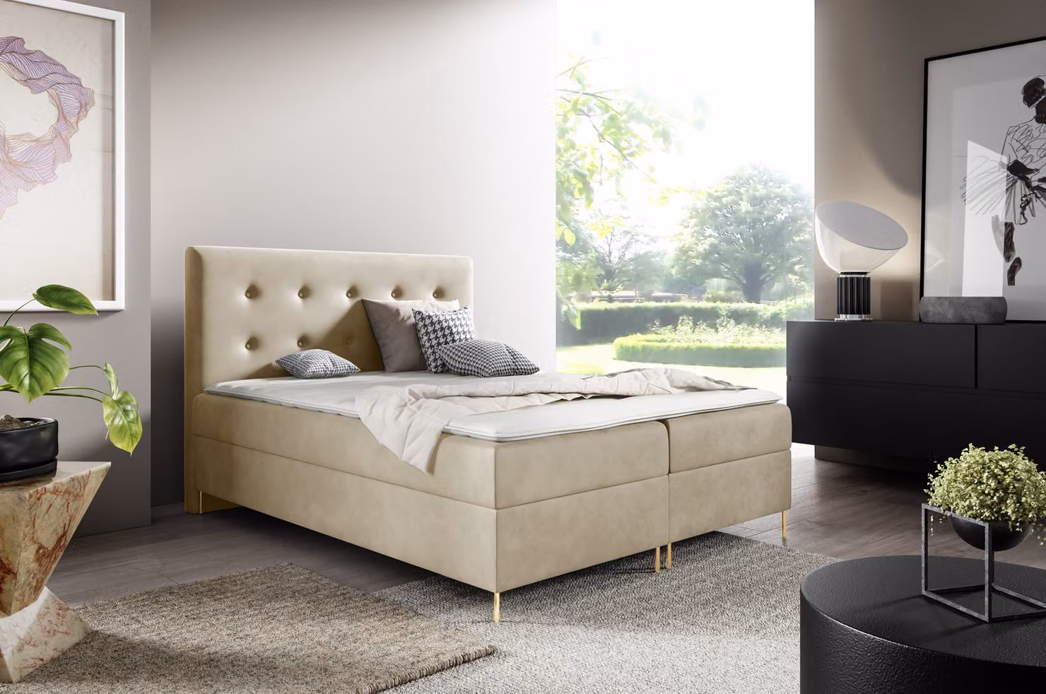 GUTTO Letto con materasso a molle LOUI 140 x 200cm 2x Contenitore TOPPER 5cm libero velluto beige gambe alte dorate