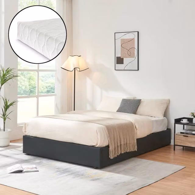 Letto Francese Contenitore Nola en.casa con Materasso in Schiuma, Apertura a Ribalta, Rivestimento in Similpelle Nero, L: 140 cm, P: 200 cm, H: 101,5 cm