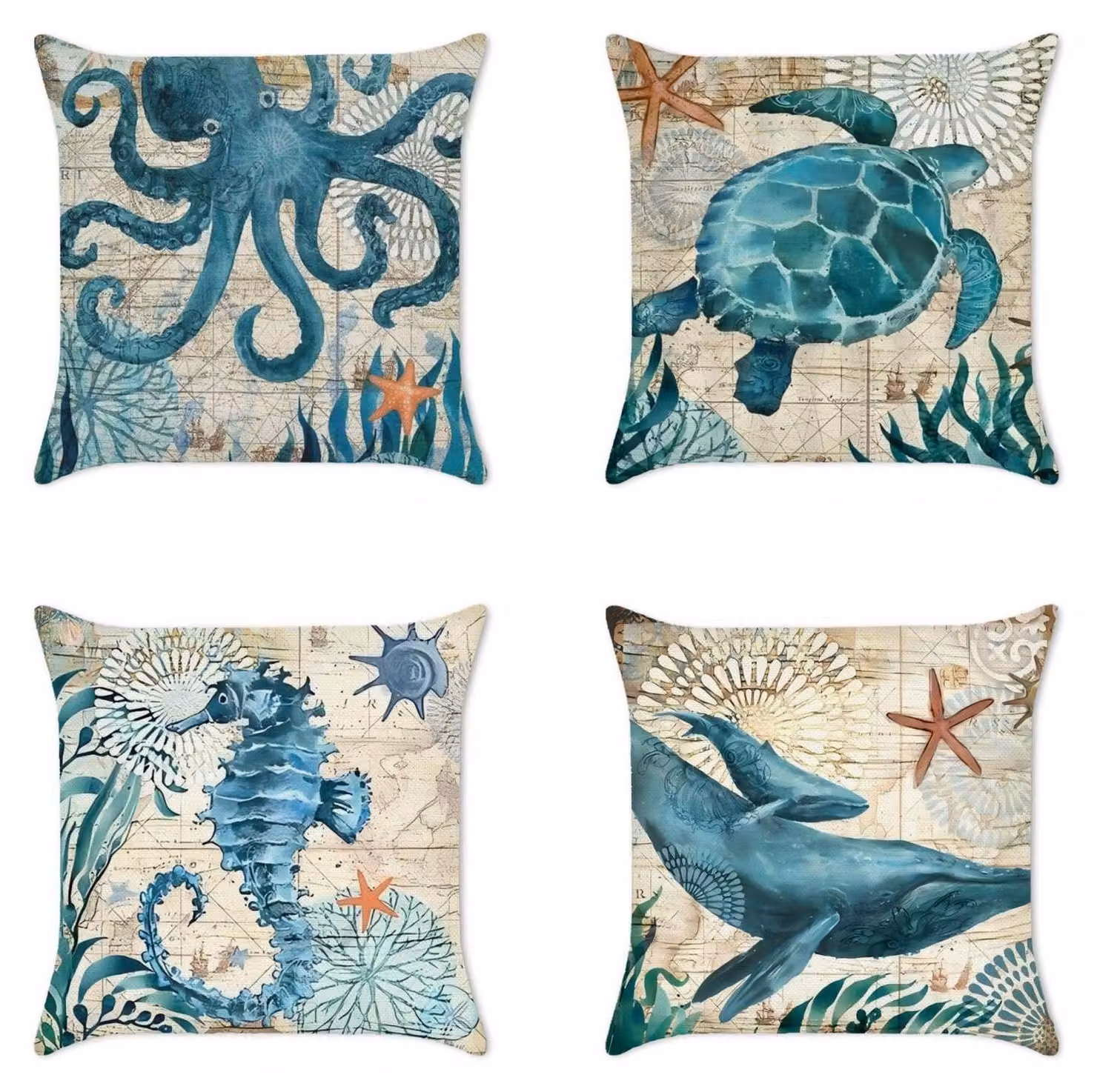 Coperte per cuscini in lino, motivo animali marini, set da 4, dimensioni 40x40 cm