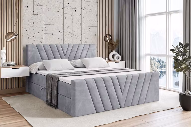 Letto boxspring ALTDECOR con pediera, materasso H3 e topper - 140x200 cm - ERNINA-Z - Velluto grigio chiaro - Letto imbottito con contenitore e rete a doghe, letto con spazio contenitivo
