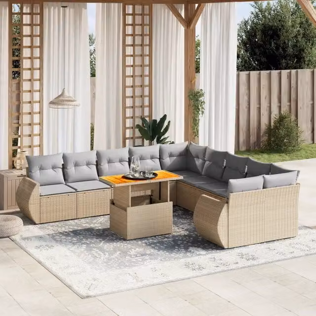 Set di divani da giardino VIDAXL in polyrattan beige con cuscini, composizione a L da 11 pezzi – 1
