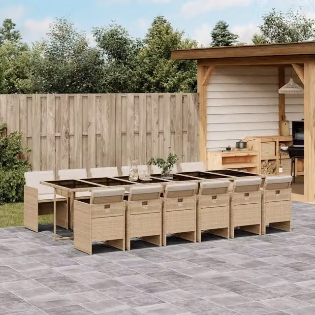 Set da Pranzo da Giardino vidaXL in Polyrattan con Cuscini Beige e Piano in Vetro, 13 Pezzi