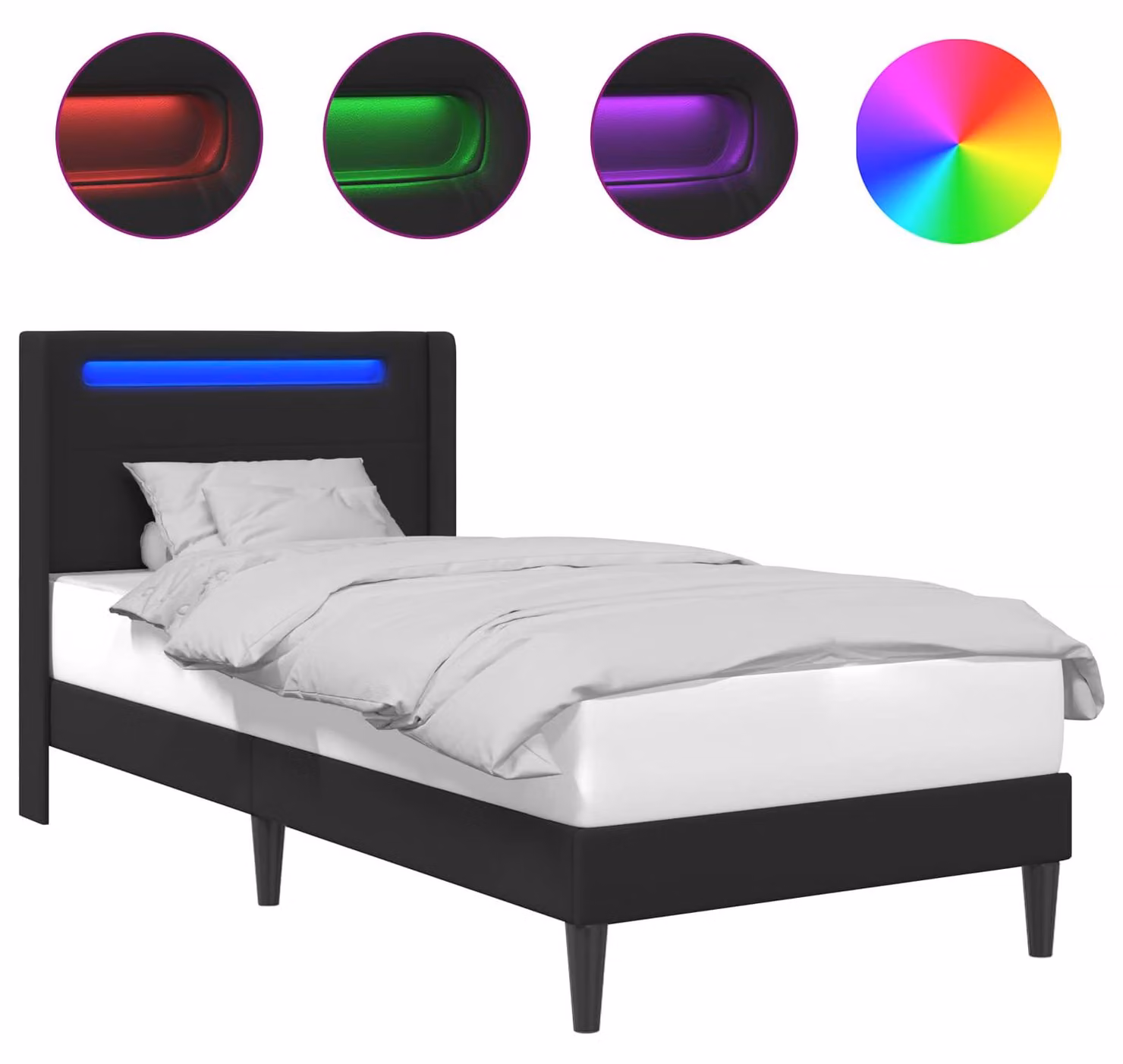 Struttura del letto con strisce LED Nero 90 x 200 cm Pelle finta