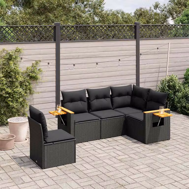 vidaXL Set Divani da Giardino a L 5 pz in Polyrattan Nero con Cuscini e Tavolino da Esterno