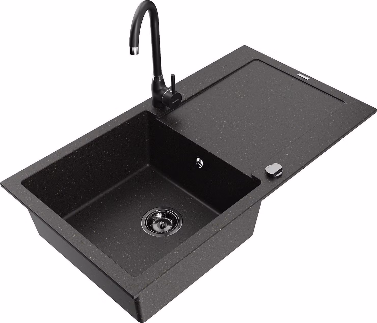 Mexen Leo lavello in granito a 1 vasca con scolapiatti e rubinetto cucina Telma, nero/oro metallizzato - 6501-75-670200-70-B