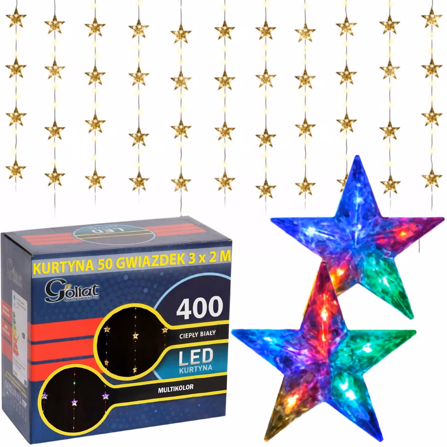 Tenda Luminosa 3X2M 50 Stelle Decorazioni Natalizie Luci 400 Led Bianco Caldo/Multicolore