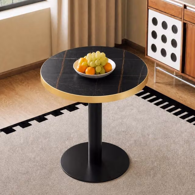 Tavolino Rotondo Moderno, Piano Effetto Marmo con Bordo Oro, Struttura in Metallo Nero/Oro, Ideale come Tavolo da Salotto, Comodino o Balcone