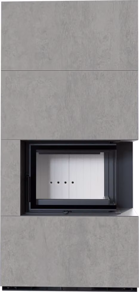 Kit caminetto KRATKI FLOKI BOX destro 8 kW Ø 160 sinterizzato al quarzo CEMENTO GRIGIO BOCCIARDATA con porta a molla