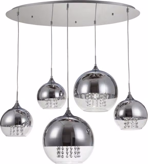 Lampadario a sospensione Maytoni Fermi con 5 luci in vetro e cristallo, colore argento e trasparente, regolabile in altezza e dimmerabile