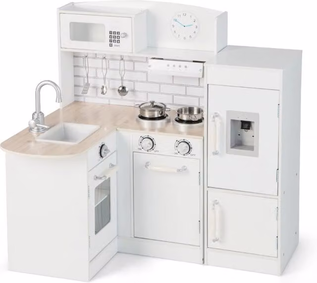 Cucina ad angolo giocattolo Design Mania in legno bianco con lavello, fornelli, cappa e frigorifero L: 85 cm, P: 65 cm, H: 60 cm