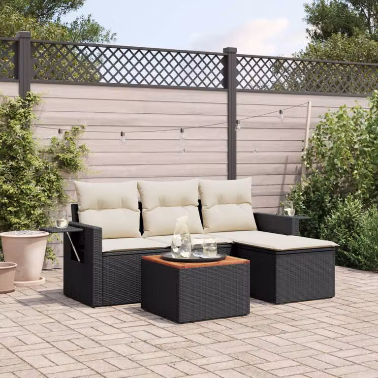 vidaXL Set Divani da Giardino a L 5 pz in Polyrattan Nero con Cuscini e Tavolino