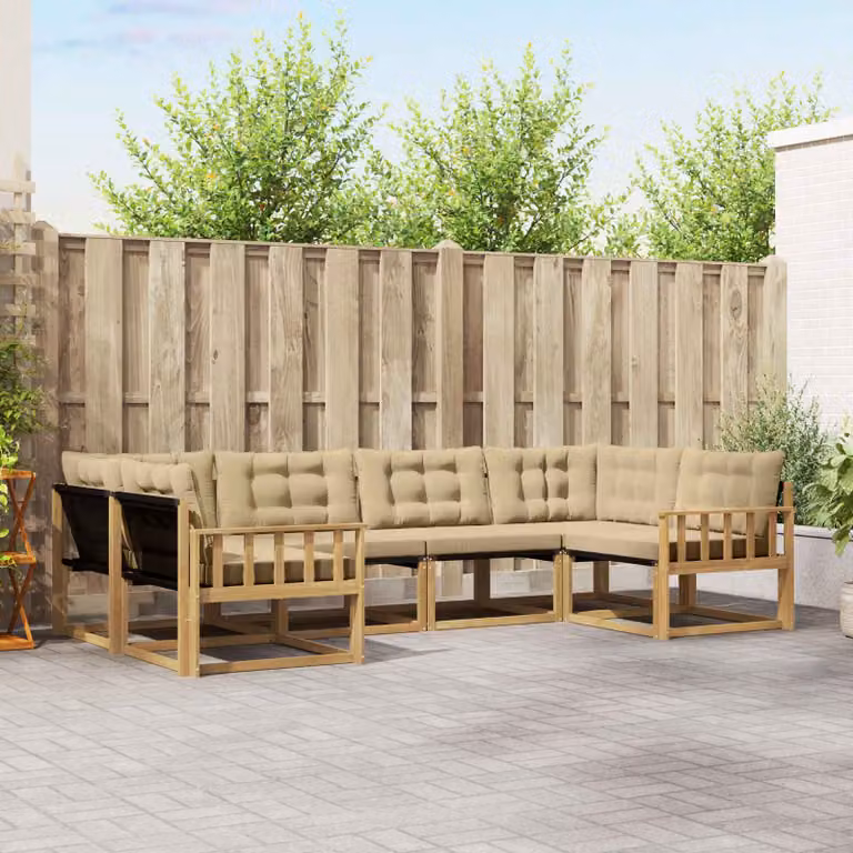 Set di divani da esterno vidaXL a forma di L composto da 6 pezzi in legno di acacia e tessuto textilene, colori bianco, beige e marrone con cuscini inclusi