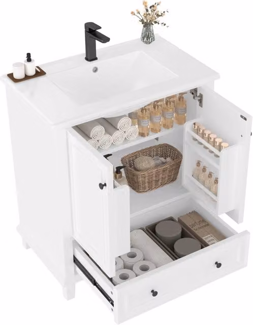 Mobile bagno con lavabo a terra in ceramica; mobiletto bagno bianco 76x46x87 cm in MDF