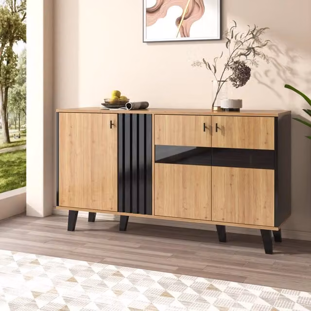 Credenza moderna per soggiorno con 3 ante, ripiani e illuminazione LED integrata, finitura opaca in legno e vetro, nero e marrone, L: 140 cm, H: 78,5 cm, P: 41 cm