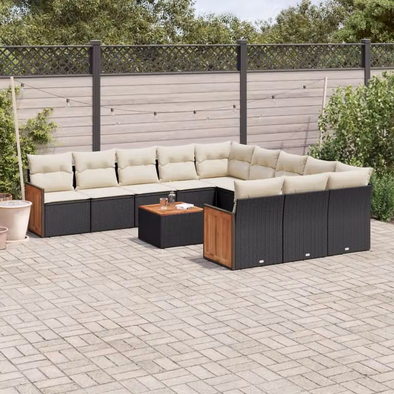 vidaXL Set Divani da Giardino 12 Pezzi con Cuscini e Tavolino da Caffè in Polyrattan e Legno di Acacia Nero e Bianco