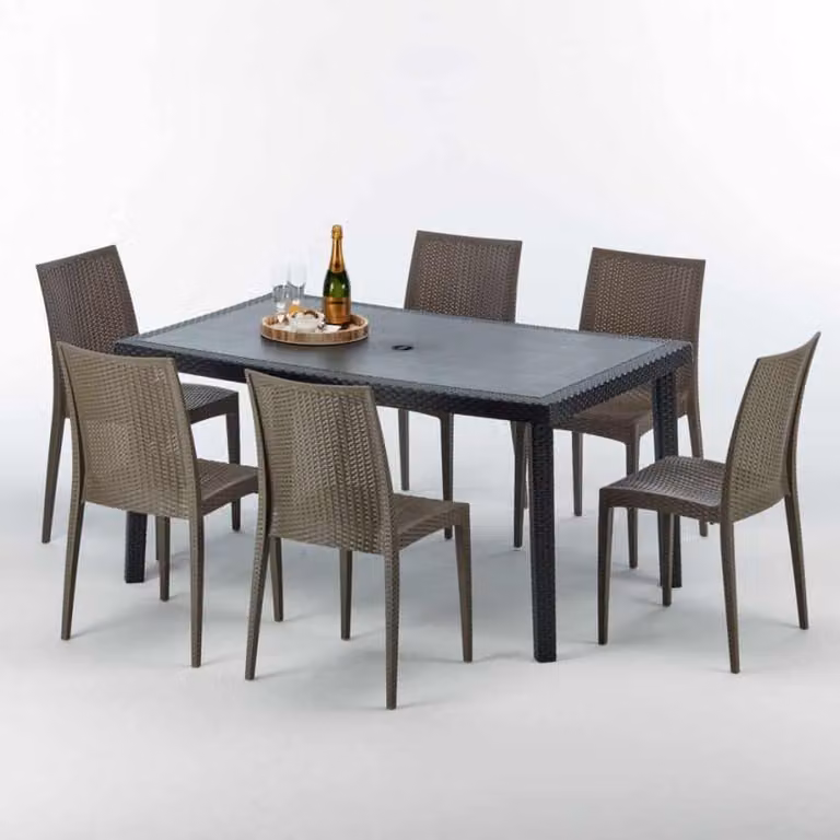 Tavolo rettangolare in Poly Rattan con 6 sedie colorate in Polyrattan 150x90 Nero