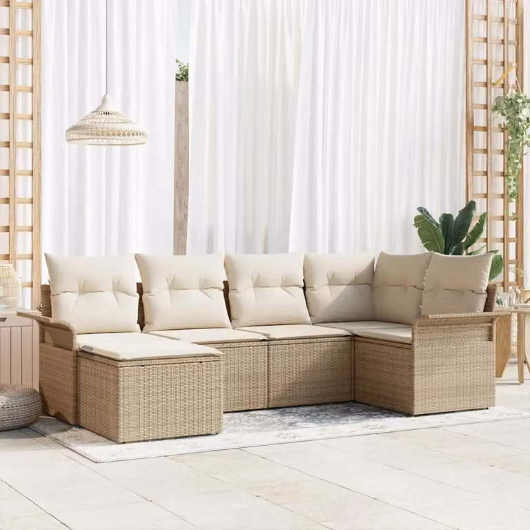 Set Divano da Giardino vidaXL 6 pz Beige con Archiviazione e Cuscini, Design Moderno a L con Struttura in Metallo e Polyrattan